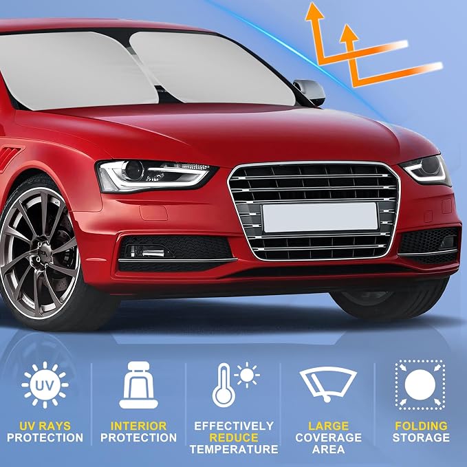 Pink Bow Car Windshield Sun Shade, Foldable UV Protection Window Sunshade with Silver Edging & Storage Pouch, Auto Interior Accessories for Sedan, SUV & Hatchback