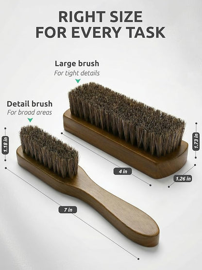 TAKAVU Leather & Upholstery Cleaning Brush Set, 100% Horse Hair Bristle, to Clean Car Seats & Leather Sofas, for Alcantara, Interiors, Furniture, Boots, Shoes, Bags and More