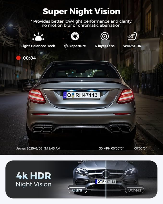 Dash Cam Front and Rear: 4K+1080P FHD Dual Dash Camera for Cars with Night Vision, 2 Channel HDR Dash Camera, 24H Parking Mode Car Camera, Built-in GPS, WiFi 6, Free 64GB Card