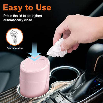 Car Trash Can, Leakproof Mini Car Garbage Can Cup Holder with Lid | Car Door Trash Bin with 20 Trash Bags, Vehicle Front Back Seat Organizers and Storage for Car, Home, Office, Pink