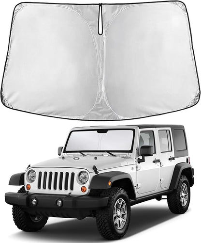 EcoNour Windshield Sunshade Compatible for Jeep Wrangler Rubicon Sahara TJ JK JKU2 4DOOR 1997-2015 2016 2017, Sun Visor for Front Windshield & Window Sun Shade Cover, UV Heat Blocker, Car Accessories