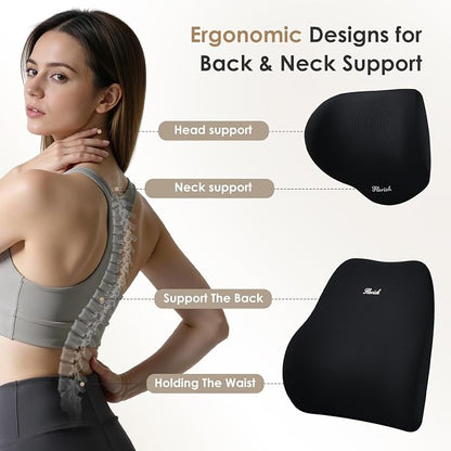 FLORICH Car Seat Cushion & Lumbar Support Pillow & Car Neck Pillow, Ergonomic Memory Foam Driving Seat Cushion for Back & Sciatica Pain Relief, Non-Slip Washable Cushion for Car, Driver, Office-Black