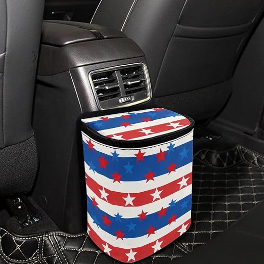 Talayituse American Flag Star Print Car Trash Can with Lid, 4th of July Leak Proof Auto Trash Bag Hanging Vehicle Garbage Can Multipurpose Storage Container for Back Seat Road Trip