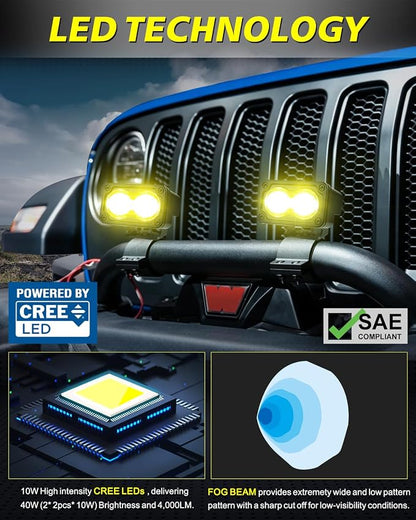 3 Inch SAE Yellow LED Fog Lights w/Wiring Harness & Black Covers | Street Legal SAE Fog Beam, High Intensity CREE LEDs, Free Wiring kit & Black Covers