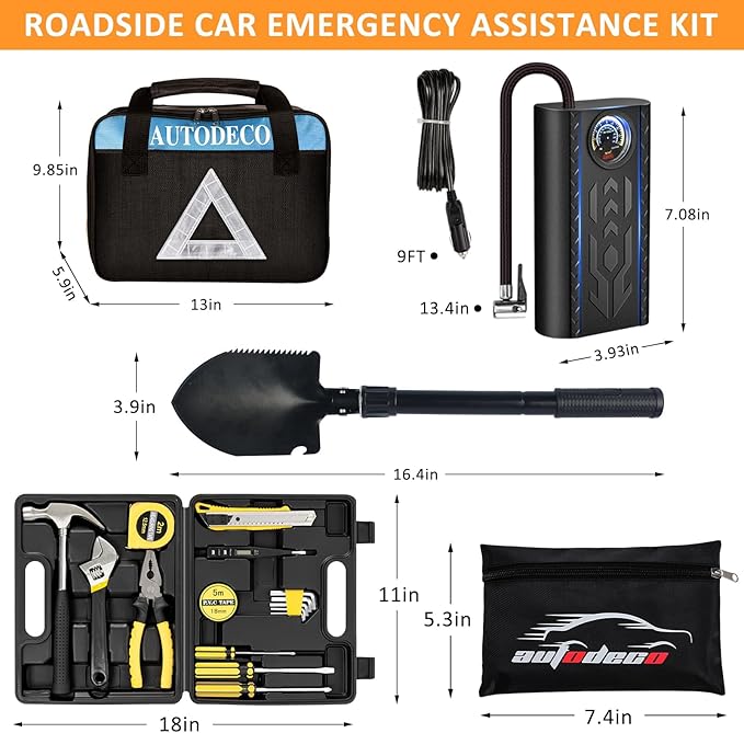 105 PCS Roadside Car Emergency Assistance Kit with Portable Air Compressor Jumper Cables