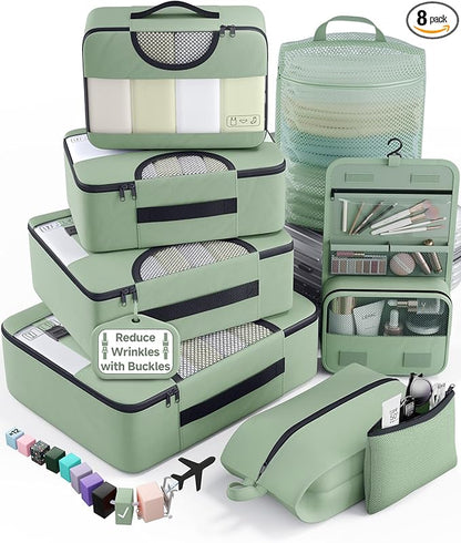 Veken 8 Set Packing Cubes for Travel Essentials,Anti-Wrinkle Buckled Suitcase Organizer for Shoe & Toiletry Bag,Carry On Luggage Bag with 99+ Count Mesh Holes for Airplane & College Dorm Accessories
