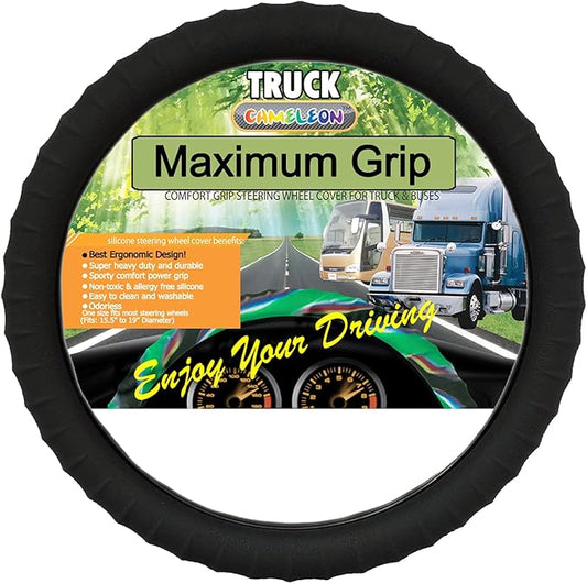 Cameleon Cover Silicone Semi-Truck Steering Wheel Cover Fits 16" 17" 18" 19" Steering Maximum Grip, Black