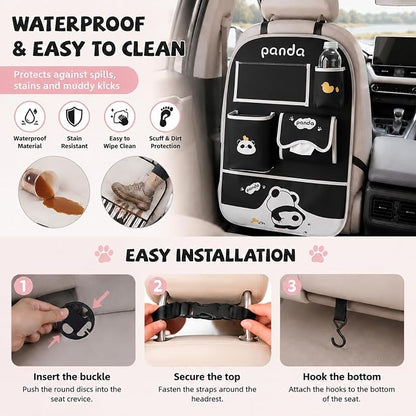 YUNZLAN Cute Panda Leather Car Backseat Organizer 1 Pack Car Seat Back Protectors with Clear 10" Tablet Holder + 4 Storage Pockets