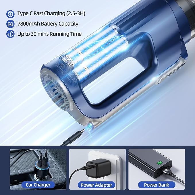 MONOZEL Car Vacuum Cleaner High Power, 18000Pa 2 in 1 Vacuum Cleaner&Air Duster, 130W Brushless Motor Handheld Vacuum Cordless with 7800mAh Battery, LED Light, Multi-Nozzles for Car, Home, Office, Pet