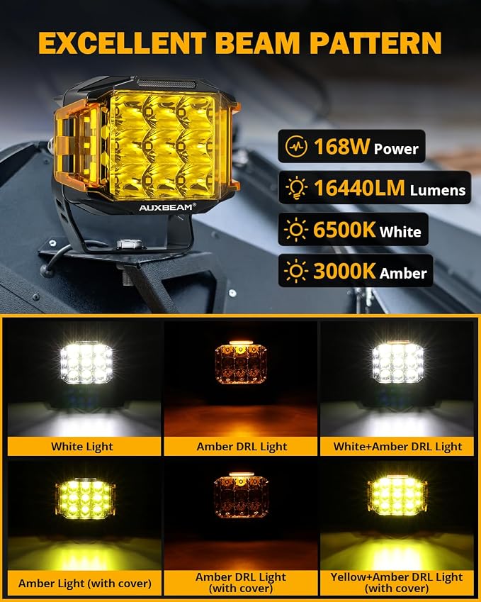 Auxbeam 5 Inch LED Pod Offroad Lights, 168W Super Bright Cube Pods Spot Flood Combo Driving Lights with Side Shooter, V-MAX Series Amber DRL Ditch Work Light with Yellow Cover for Truck Jeep SUV ATV