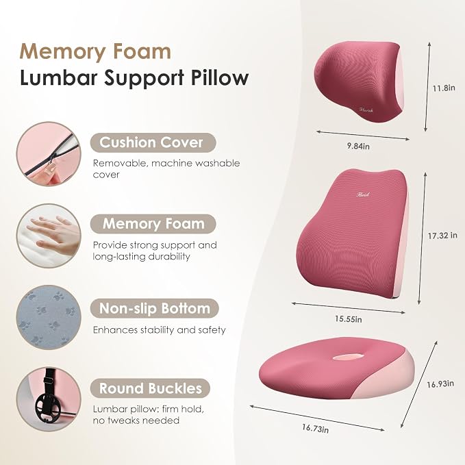 FLORICH Car Seat Cushion & Lumbar Support Pillow & Car Neck Pillow, Ergonomic Memory Foam Driving Seat Cushion for Back & Sciatica Pain Relief, Non-Slip Washable Cushion for Car, Driver, Office-Pink