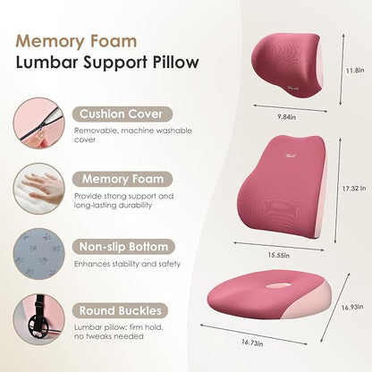 FLORICH Car Seat Cushion & Lumbar Support Pillow & Car Neck Pillow, Ergonomic Memory Foam Driving Seat Cushion for Back & Sciatica Pain Relief, Non-Slip Washable Cushion for Car, Driver, Office-Pink
