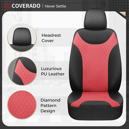 Coverado Front Seat Covers, 2 Packs Leather Seat Covers for Cars, Driver Seat Protectors with Splicing Design，Waterproof Car Seat Cushions Universal Seat Covers Fit for Most Cars, Black & Red