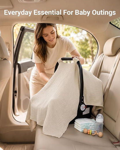 Metplus Muslin Car Seat Cover for Babies, 100% Cotton Breathable Infant Carseat Canopy for Summer, Lightweight Stroller Sunshade Covers for Newborns(Khaki)