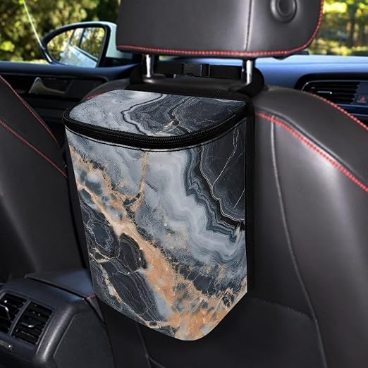 Talayituse Marble Print Car Trash Bin, Large Size Auto Trash Can Adjustable Portable Garbage Can with Lid, Vehicle Hanging Bag for Headrest Front Back Seat