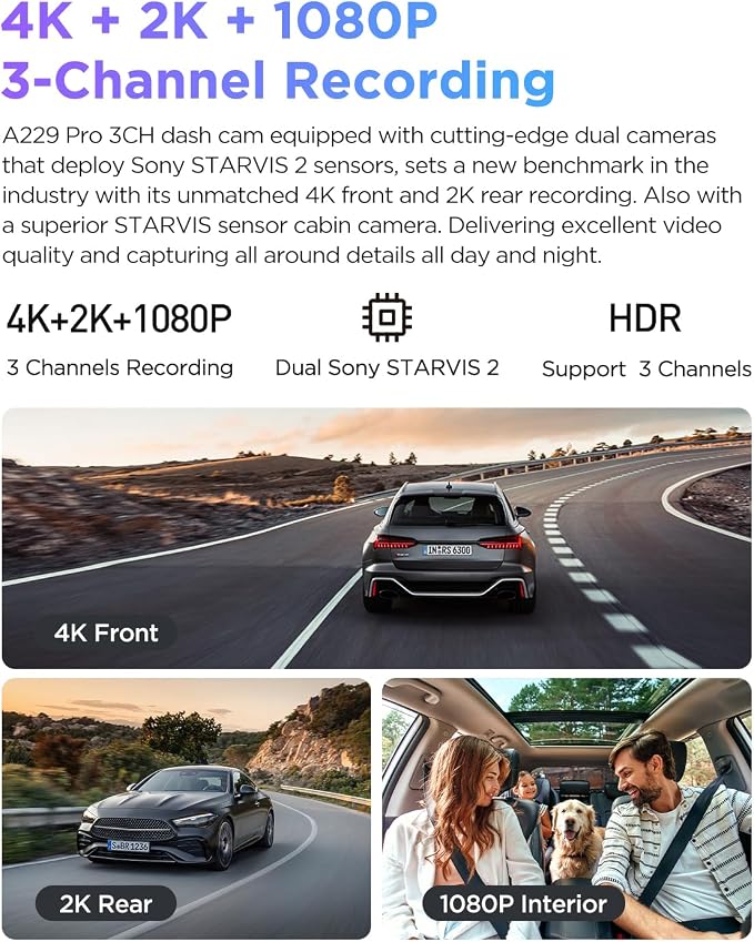 VIOFO A229 Pro 3 Channel 4K HDR Dash Cam, Dual STARVIS 2 Sensors IMX678 & IMX675, 4K+2K+1080P Front Inside and Rear Triple Car Camera, 5GHz WiFi GPS, Voice Control, 24H Parking Mode