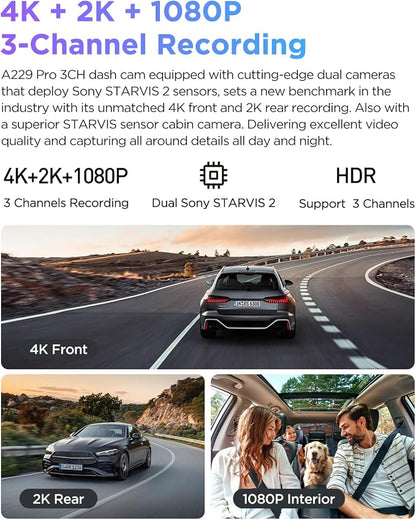 VIOFO A229 Pro 3 Channel 4K HDR Dash Cam, Dual STARVIS 2 Sensors IMX678 & IMX675, 4K+2K+1080P Front Inside and Rear Triple Car Camera, 5GHz WiFi GPS, Voice Control, 24H Parking Mode