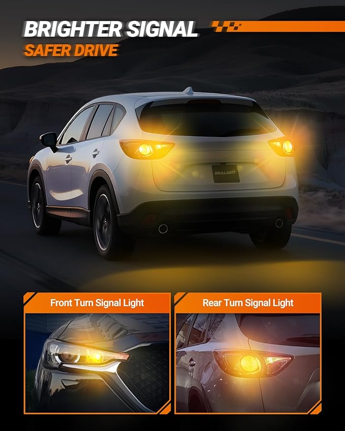 SEALIGHT Turn Signal Light Bulbs 3157 LED Bulb Amber, 700% Brighter 3156 3057 4157 4114 LED Bulb 57-SMD LED Chipset with Projector Len & Load Resistor for Turn Signal Light, Parking Light, Pack of 2