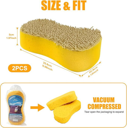 Car Wash Sponge 2 Pack - Large Plush Scratch-Free Cleaning Sponges, High Foam Long-Hair Microfiber Wash Sponge for Cars Trucks SUVs & Household Use