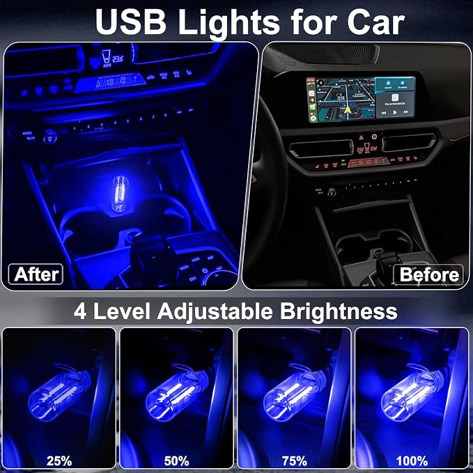 2 PCS Car USB Lights, Plug-in Retro Car Atmosphere Lamp with Touch Dimmable, Portable Mini Glass Bottle LED Bulb Night Lights for Vehicle Bedroom Hallway Camping Holiday Decoration (Blue)