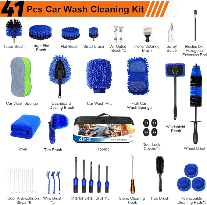 41Pcs Professional Car Detailing Kit, Car Wash Kit with Portable Handbag, Wet and Dry Use Car Cleaning Kit, Durable Drill Brush, Apply to Interior, Exterior, Wheels, Trucks, Motorcycles