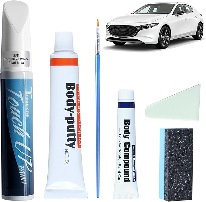 25D Snowflake White Pearl Mica Touch Up Paint for Mazda, Car Paint Scratch Repair Kit, 2 in 1 Scratch Remover Pen with Color-Matched Rapid Drying of Paint Coating