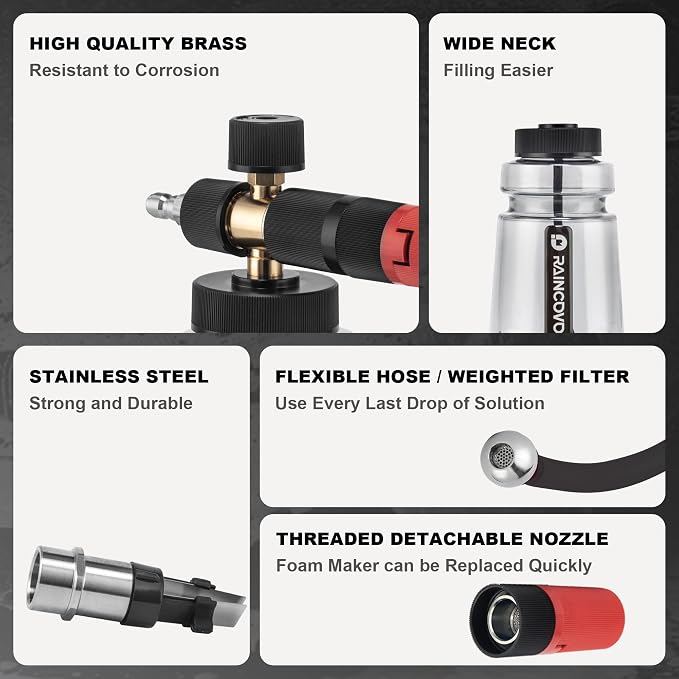 Raincovo Foam Cannon Wide Mouth for Pressure Washer, Thick Snow Foam Lance for Car Wash, Adjustable Soap Cannon with 1/4 Inch Quick Connector, Additional 1.1mm Orifice Nozzle