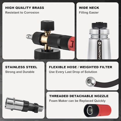 Raincovo Foam Cannon Wide Mouth for Pressure Washer, Thick Snow Foam Lance for Car Wash, Adjustable Soap Cannon with 1/4 Inch Quick Connector, Additional 1.1mm Orifice Nozzle
