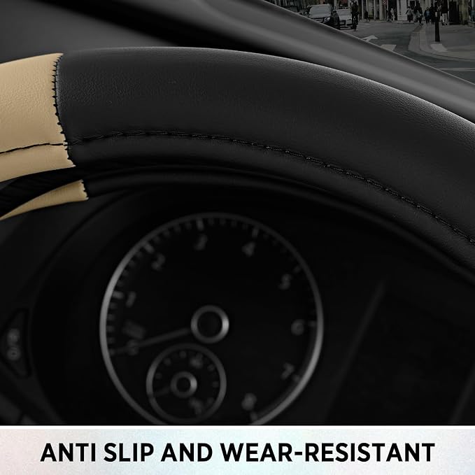 Road Comfort Leather Steering Wheel Cover – Premium Anti-Slip Car Steering Wheel Grip Cover – Universal Fit for 14.5”–15” Cars, Trucks & SUVs - Beige