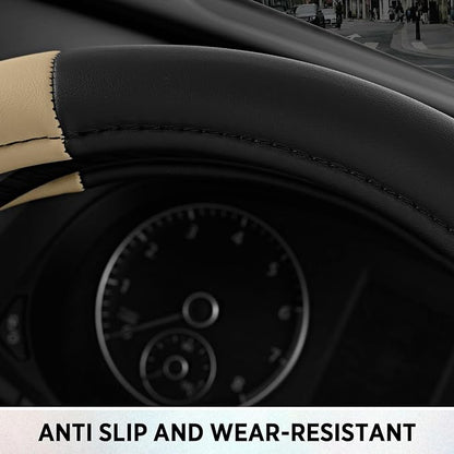Road Comfort Leather Steering Wheel Cover – Premium Anti-Slip Car Steering Wheel Grip Cover – Universal Fit for 14.5”–15” Cars, Trucks & SUVs - Beige
