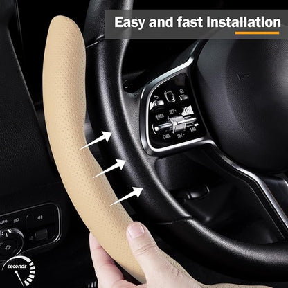 Car Steering Wheel Cover Leather Snap On 3Pcs Set Non-Slip Protector Wrap Steering Wheel Accessories 14.5-15 inch Universal Beige