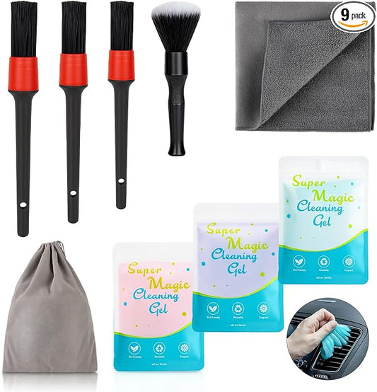 TICARVE 9Pcs Car Interior Detailing Kit - Car Cleaning Brushes, Universal Gel, Microfiber Towel and Storage Bag for Dashboard, Air Vents, Keyboard & Electronics