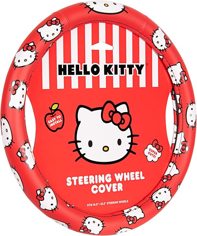Hello Kitty Steering Wheel Cover Official Sanrio Car Accessory Universal Size 14.5 to 15 Inch Cute Red Design for Women Girls Sedans SUVs Trucks, Anti-Slip Grip, Stretch-Fit Design