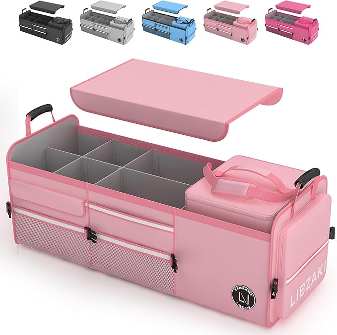 LIBZAKI Oversize 4 in 1 Car Trunk Storage Organizer, Multi Compartment Collapsible Trunk Storage Box with Cooler Bag for Car Truck SUV-Pink