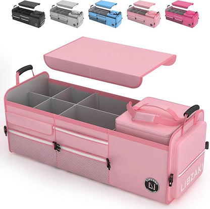LIBZAKI Oversize 4 in 1 Car Trunk Storage Organizer, Multi Compartment Collapsible Trunk Storage Box with Cooler Bag for Car Truck SUV-Pink