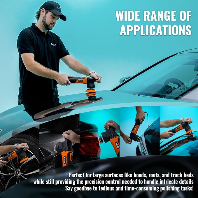 AUTIWOZ Carbon Fiber Mini Car Buffer Polisher, 630W Copper Motor 12mm Orbit, 2&3Inch Dual Action Polisher for Car Detailing, 2500-7000RPM with Soft Start, 3M Corded Auto Electric Polishing Machine