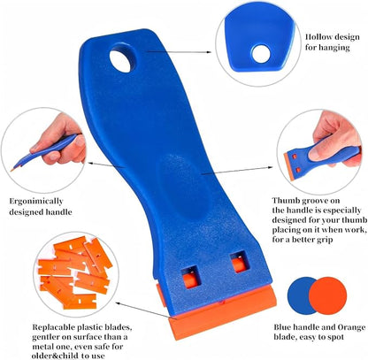 8 PCS Plastic Razor Blade Scraper Tool with 100 PCS Extra Blades, Cleaning Scraper Remover for Stickers Lables Paints Adhesives on Window Glass Car