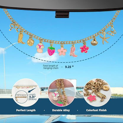 Strawberry & Flower Seashell Butterfly Rear View Mirror Charm – Cute Boho Car Hanging Decor with Bow, Lucky Mushroom & Cowboy Boot, Car Accessories for Women, Gift for Drivers