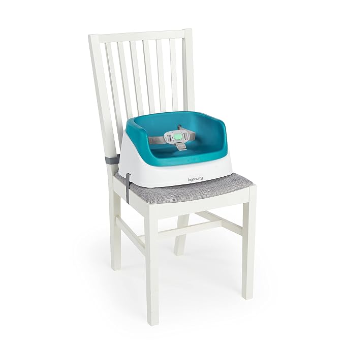 Ingenuity SmartClean Toddler Booster Seat for Dining Table with 3-Point Harness Straps, Peacock Blue