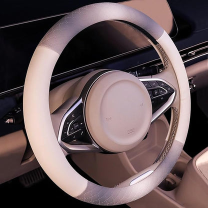 Steering Wheel Cover, Gray White Leather Steering Wheel Cover 14.5-15 Inch Non-Slip Breathable Microfiber Car Steering Wheel Covers for Men Women