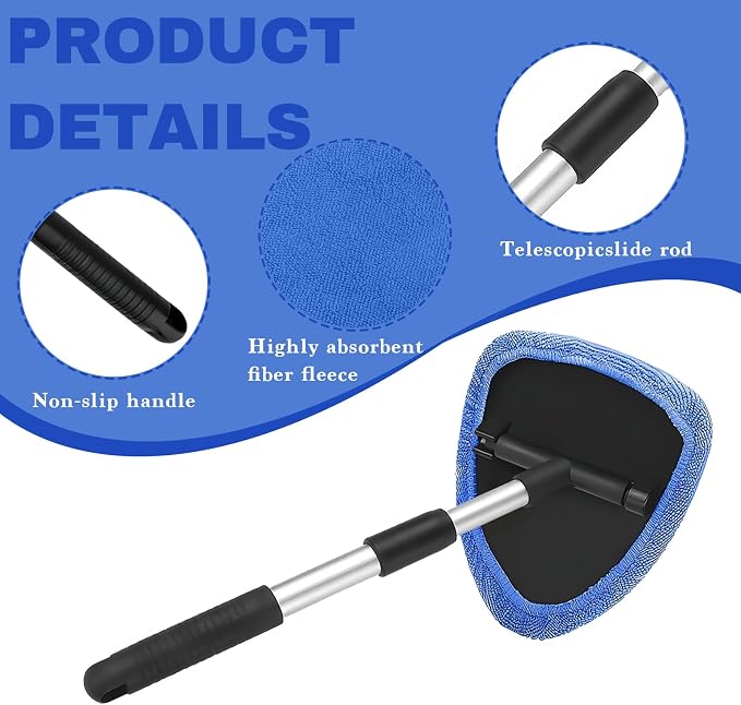 Car Window Cleaner, Car Cleanser Brush, Car Accessories Car Cleaning Supplies Tools, Car Cleaning Kit with Extendable Handle, Microfiber Cloth, Spray Bottle, Fits All Cars (Blue)