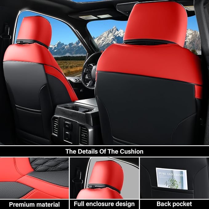 Coverado Dodge Ram 1500 Seat Covers, Faux Leather Full Coverage Car Seat Covers Truck Seat Protector Fit for 2009-2018 Ram 1500 2500 3500 Crew/Mega Cab, Flat Front/Red