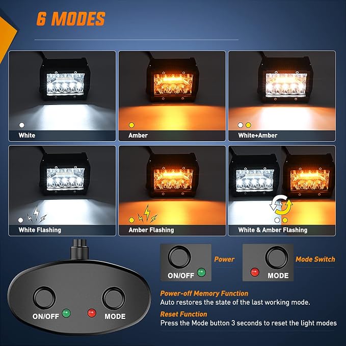Nilight Amber White LED Pod Lights 4 Inch 6 Modes with Memory Function,Constant / Flash Off Road Driving Lights with Wiring Harness, Spot Flood Combo Beam Auxiliary Lights for Truck Jeep SUV ATV UTV