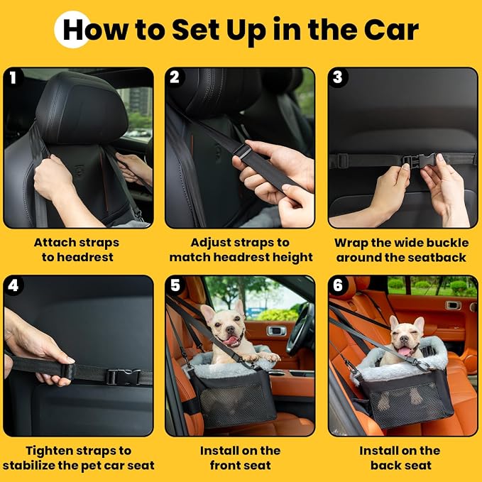 Conlun Dog Car Seat Booster for Small Pet Under 20lbs, Portable Travel Puppy Car Seat with Internal Steel Frame, Comfort Cushion & Storage Pockets, Adjustable Straps Fit Most Cars, Black