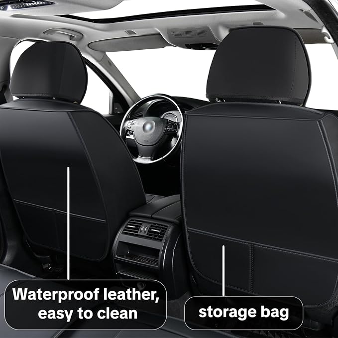 Black Car Seat Covers Complete Set, Universal Car Seat Covers for Cars, Premium Waterproof Leather, Protect & Upgrade Car Interiors, Airbag Compatible, Easy to Install & Clean Up