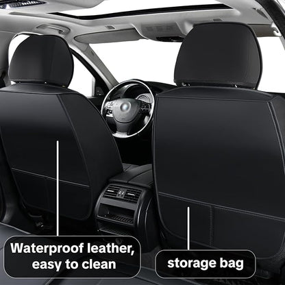 Black Car Seat Covers Complete Set, Universal Car Seat Covers for Cars, Premium Waterproof Leather, Protect & Upgrade Car Interiors, Airbag Compatible, Easy to Install & Clean Up