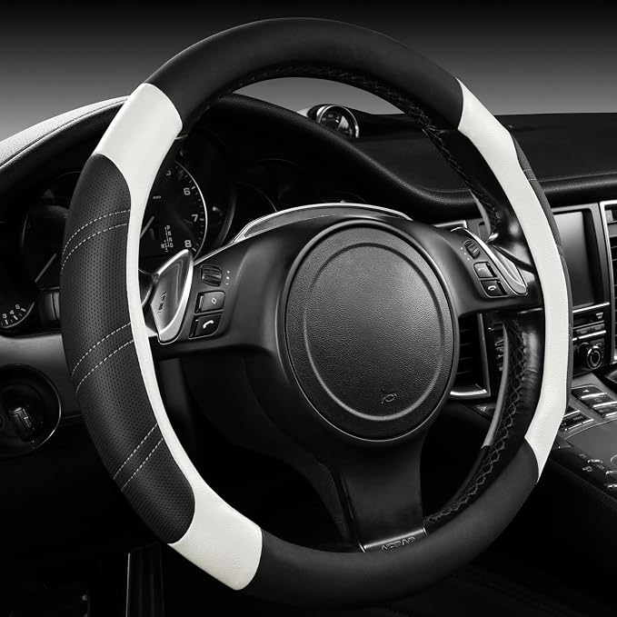 CAR PASS Leather Steering Wheel Cover and Waterproof Car Floor Mats, Microfiber Universal Car Combo Fit for 95% Sedan SUV Van,14.5-15 inch Sporty Anti-Slip Safety Comfortable Design, Black＆White