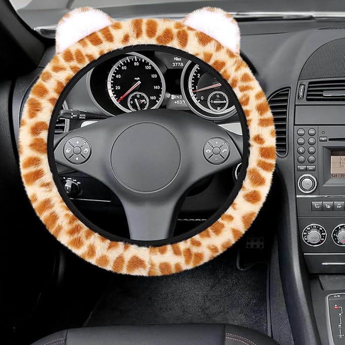 Accmor Fuzzy Leopard Print Car Steering Wheel Cover Women Car Accessories | Soft Furry, Non-Slip, Elastic Steering Wheel Covers, Universal 15 Inch Fit Auto, Suvs, Truck