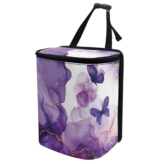 Talayituse Purple Marble Butterfly Print Car Trash Can with Lid, Leak Proof Auto Trash Bag Hanging Vehicle Garbage Can Multipurpose Storage Container for Back Seat Road Trip