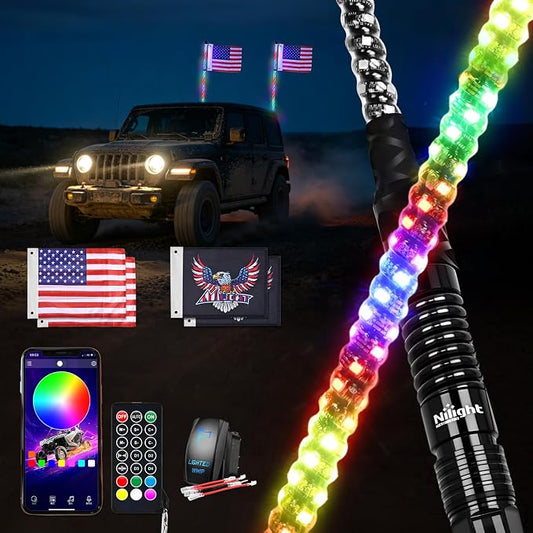 Nilight LED Whip Light 2PC 5FT Spiral RGB Antenna Whips with Spring Base, App/Remote Control DIY Chasing Patterns Brake & Reverse Turn Signal Lights for Side by Side ATV UTV RZR Can-Am Buggy Jeep